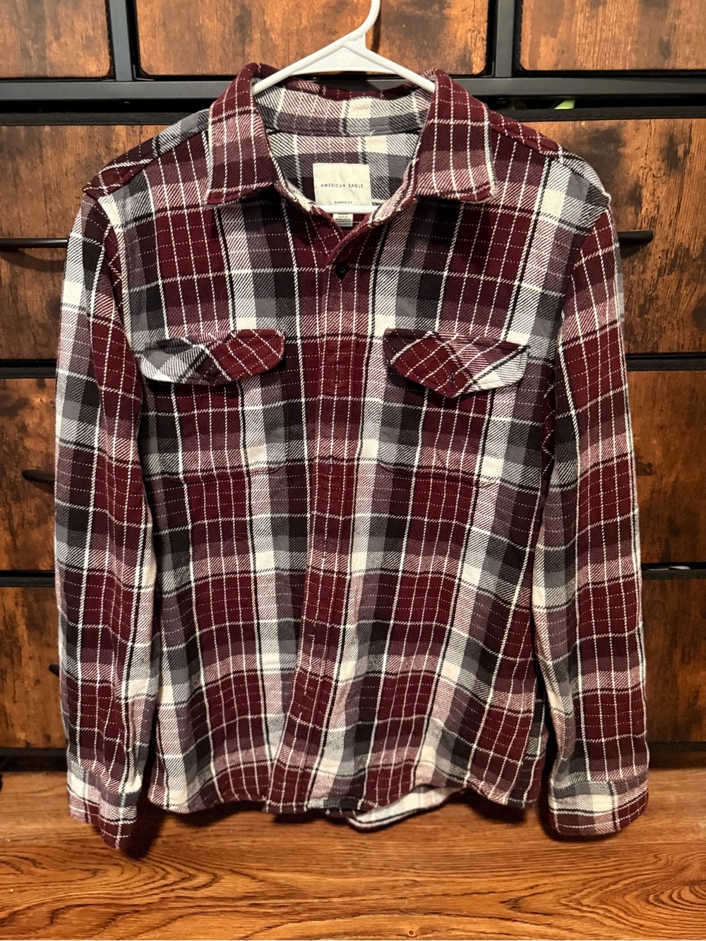 American Eagle Outfitters Burgundy and White Plaid Button-Down Shirt